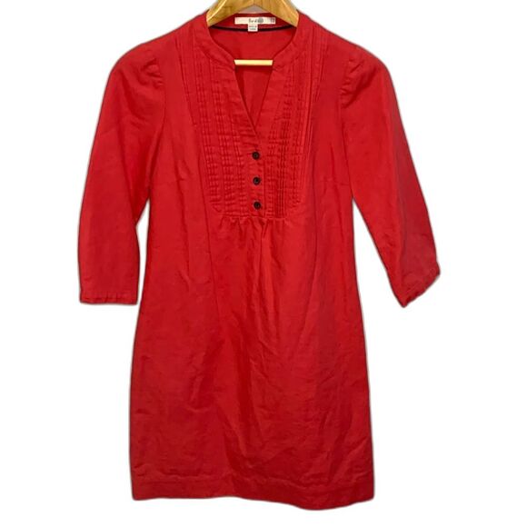 Boden Poppy Red Cotton Linen Blend Pleat Button Front 3/4 Sleeve Dress Size 4 - Picture 3 of 15